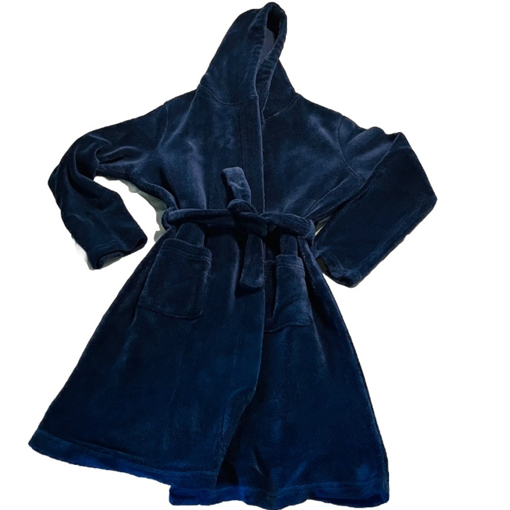 Lands End Kids Boys Girls Unisex Size 12 Fleece Hooded Fleece Bath Robe Blue